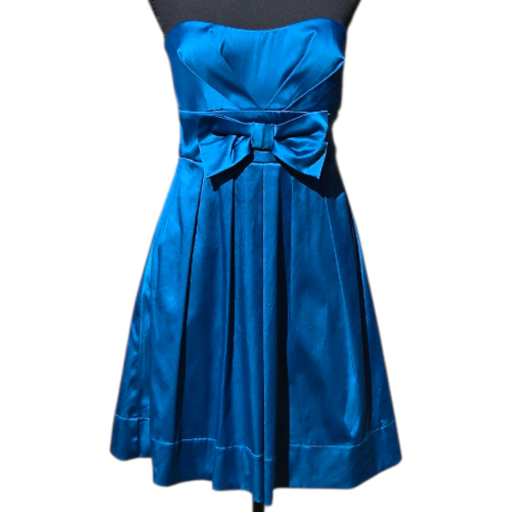 Y2K Speechless Strapless Teal Blue Satin Bow Mini Dress Dress 9
